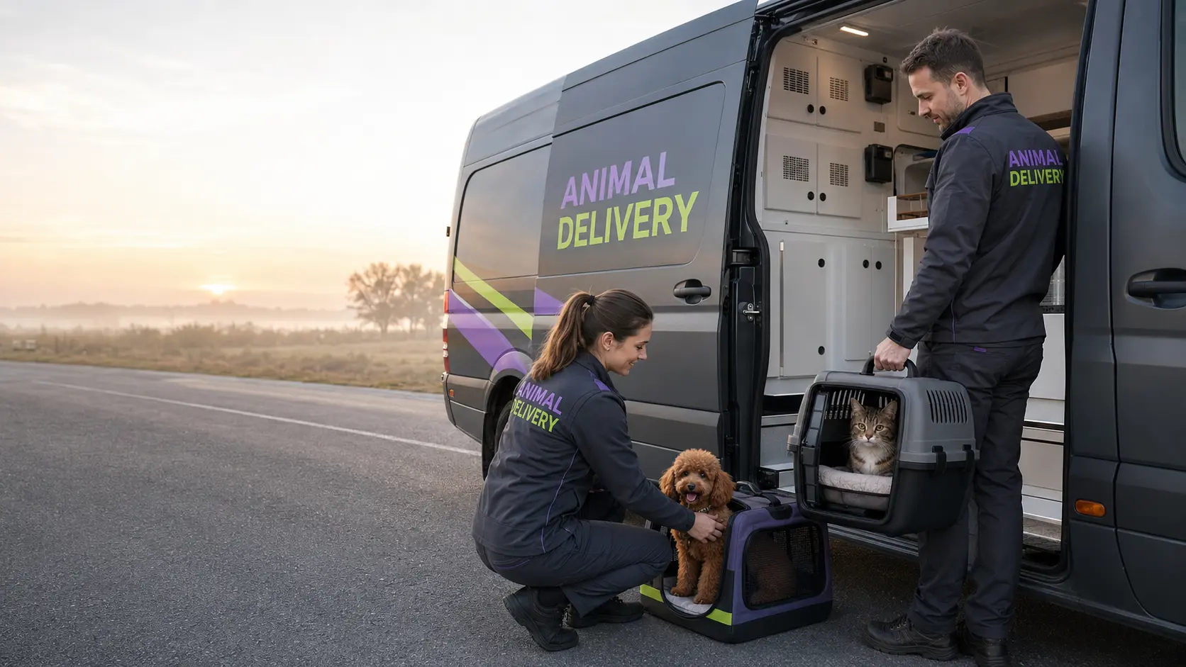 Команда Animal Delivery біля обладнаного фургона з собакою та котом